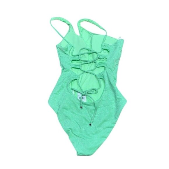Becca Sz M Swimsuit One Shoulder One-Piece Green Glimmer Beach Retro Boho - Picture 4 of 6